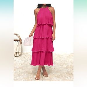Sleeveless Halter Neck Ruffle Tiered Layered Chiffon Flowy Swing Long Midi Dress